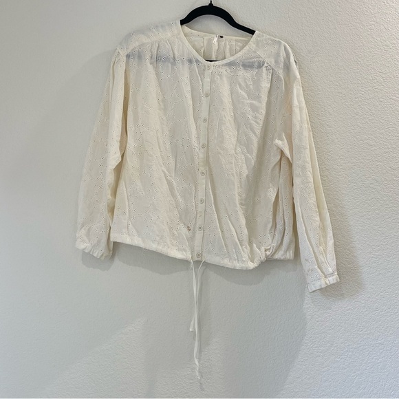 FREE PEOPLE Bohemian Eyelet Crew Neck Button Down Top Drawstring at Hip STAIN - Picture 1 of 9